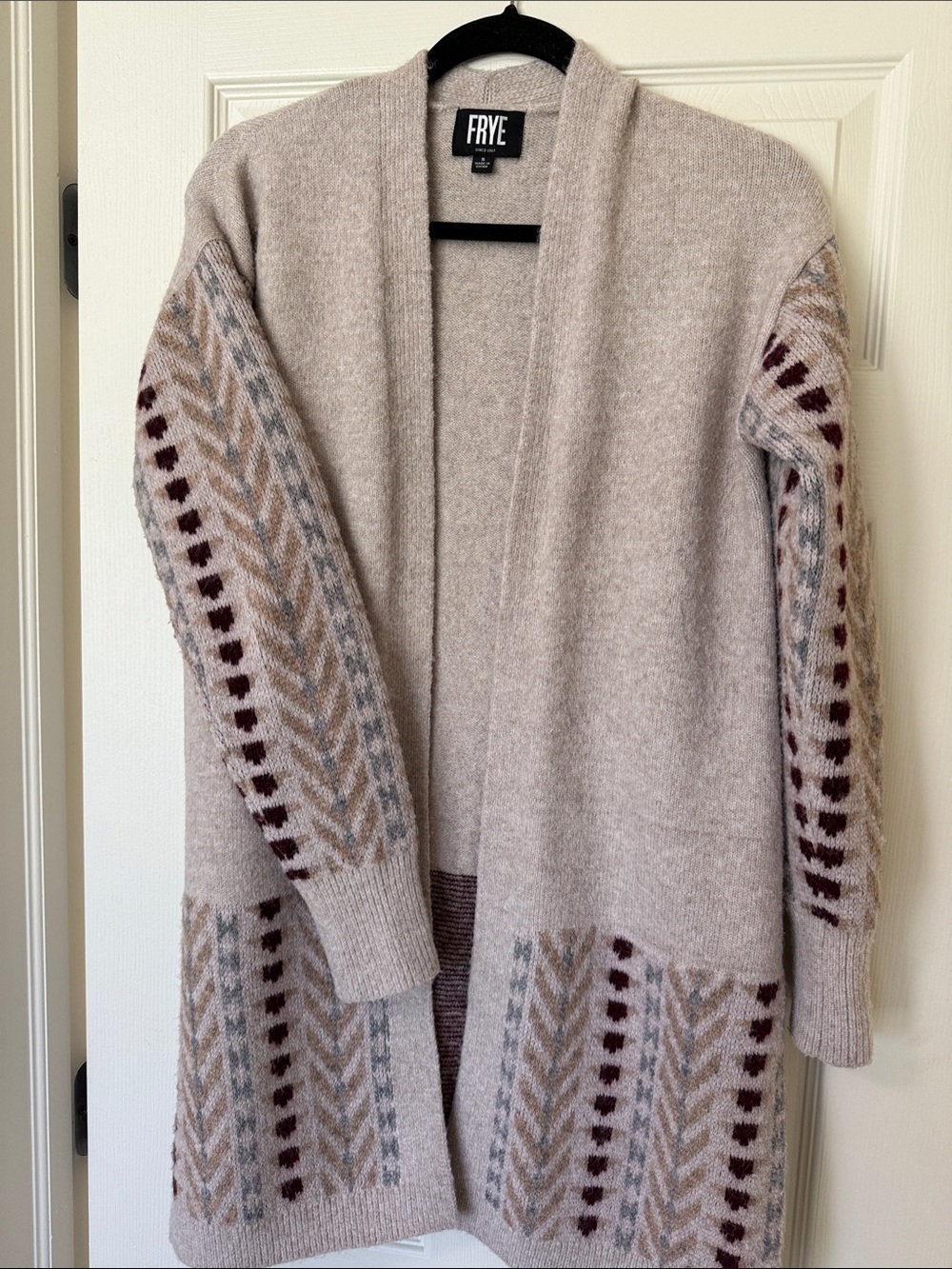 FRYE Beige Open-Front Cardigan with Burgundy and Gray Accents